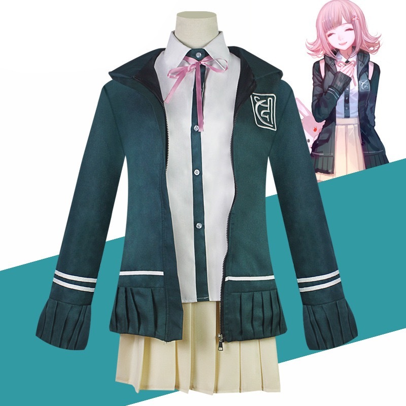 Chiaki Nanami tóc clip Cosplay trang phục Danganronpa 2 trường đồng phục túi ba lô áo khoác giày tra