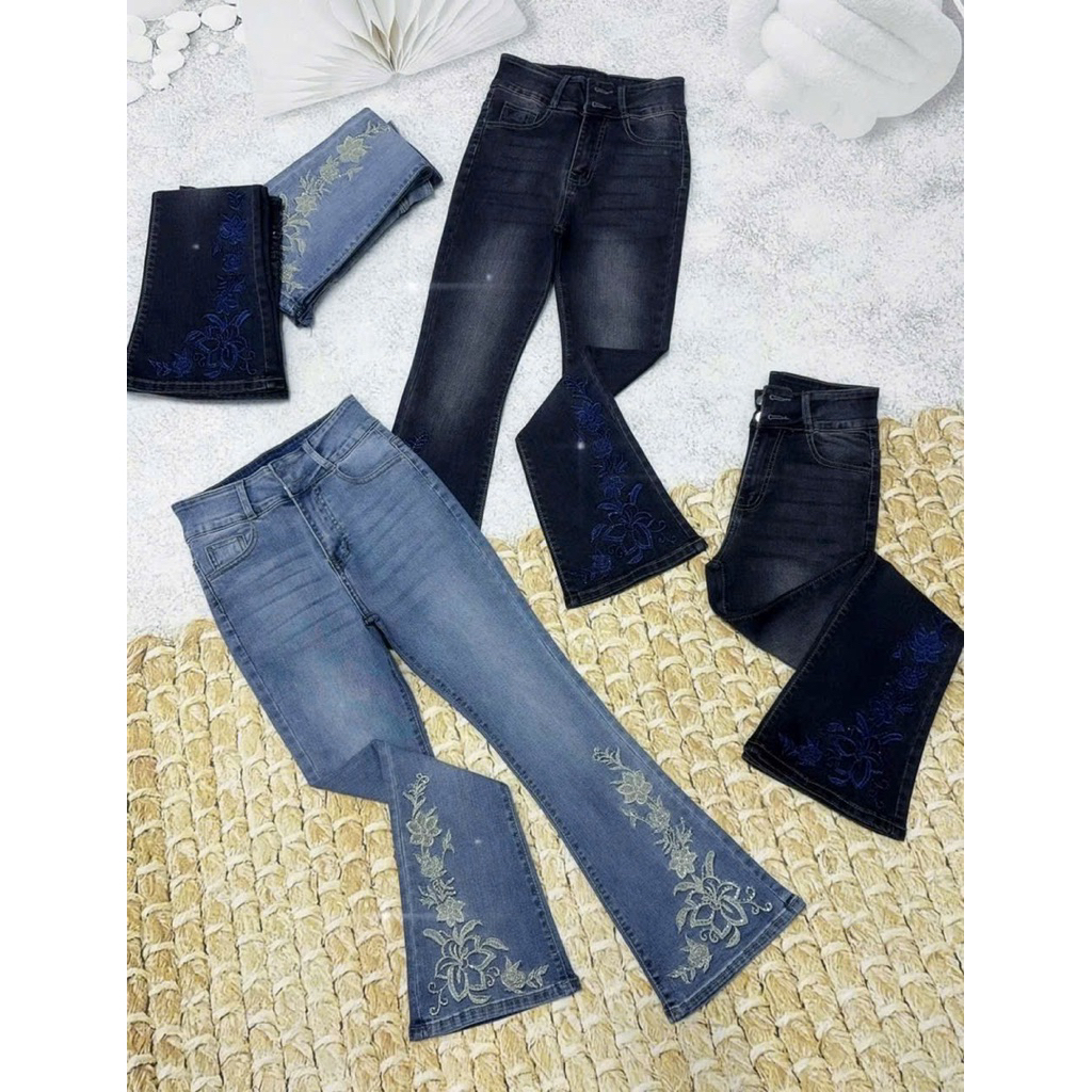 [93-95cm] Quần Jeans Nữ, Quần Bò Nữ 9 tấc Lưng Cao Thêu Hoa Đính đá thời trang