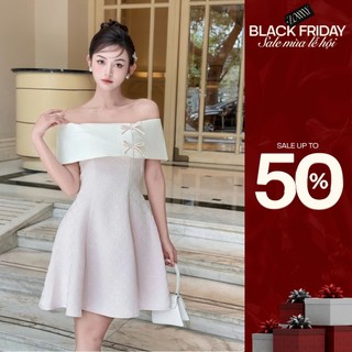  ZAMY SHOP  -  Váy TK gấm trễ vai phối tafta váy tiểu thư nhẹ nhàng màu đen và màu hồng 