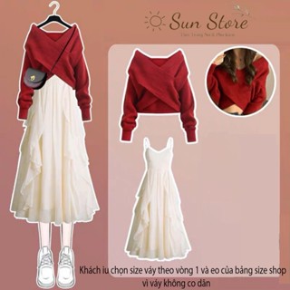  Set váy áo nữ thu đông Bộ 2 chi tiết áo len nữ vạt chéo len dày QC cao cấp tay dài và váy dài 2 dây voan lụa nhiều lớp 