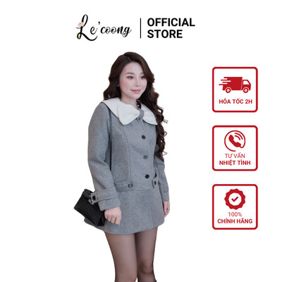 Váy Dạ XámTiểu Thư Dài tay Cổ Nơ LECOONG V838 Đầm Đẹp Phối Cúc Đen Sang Chảnh