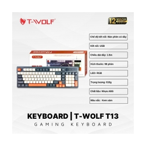 Bàn phím T-WOLF T13 MilkTea-Gray USB LED (Giả cơ, 98 Keys, Dây dài 1.5m)