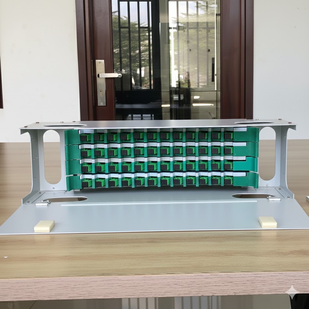 1 cái hộp phân phối ODF quang 48FO gắn Rack khay trượt SC/APC, đủ phụ kiện dây nối quang, đầu nối