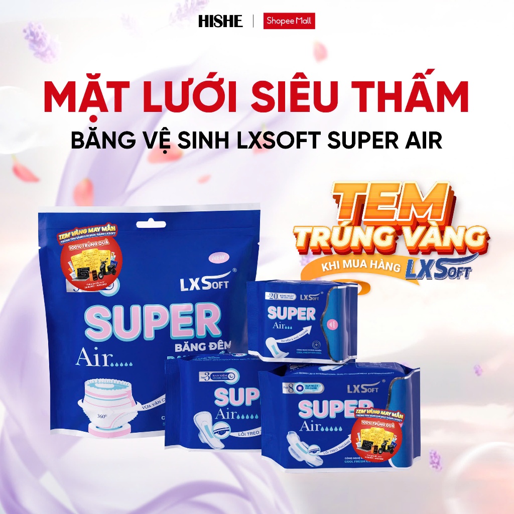 [ TEM TRÚNG THƯỞNG] Băng vệ sinh Super Air LXSoft - Bề mặt LƯỚI LỤA siêu thấm hút - Ban ngày - Ban đ