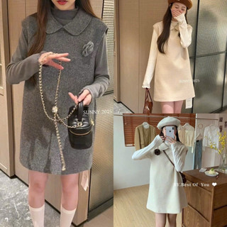   S2.4231  Set Yếm Dạ 2 Lớp Áo Len Cổ Lọ Mix Yếm Cổ Sen Hoa Trà 2 Màu Dày Dặn 
