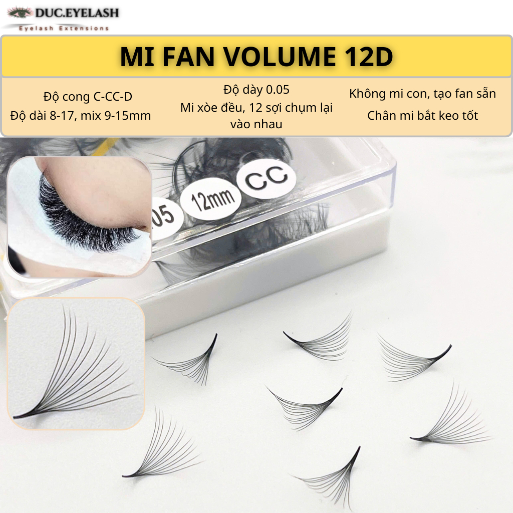 Mi fan sẵn 12D, dày 0.05, mi fan sẵn volume cao cấp, Lông Mi Nhân Tạo, dụng cụ nối mi / Đức Eyelash