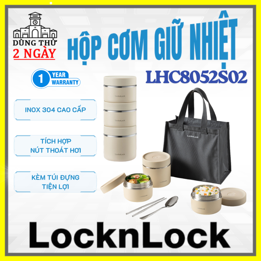Hộp cơm giữ nhiệt LocknLock LHC8052S02, inox 304, tích hợp nút thoát hơi, tặng kèm túi và đũa thìa