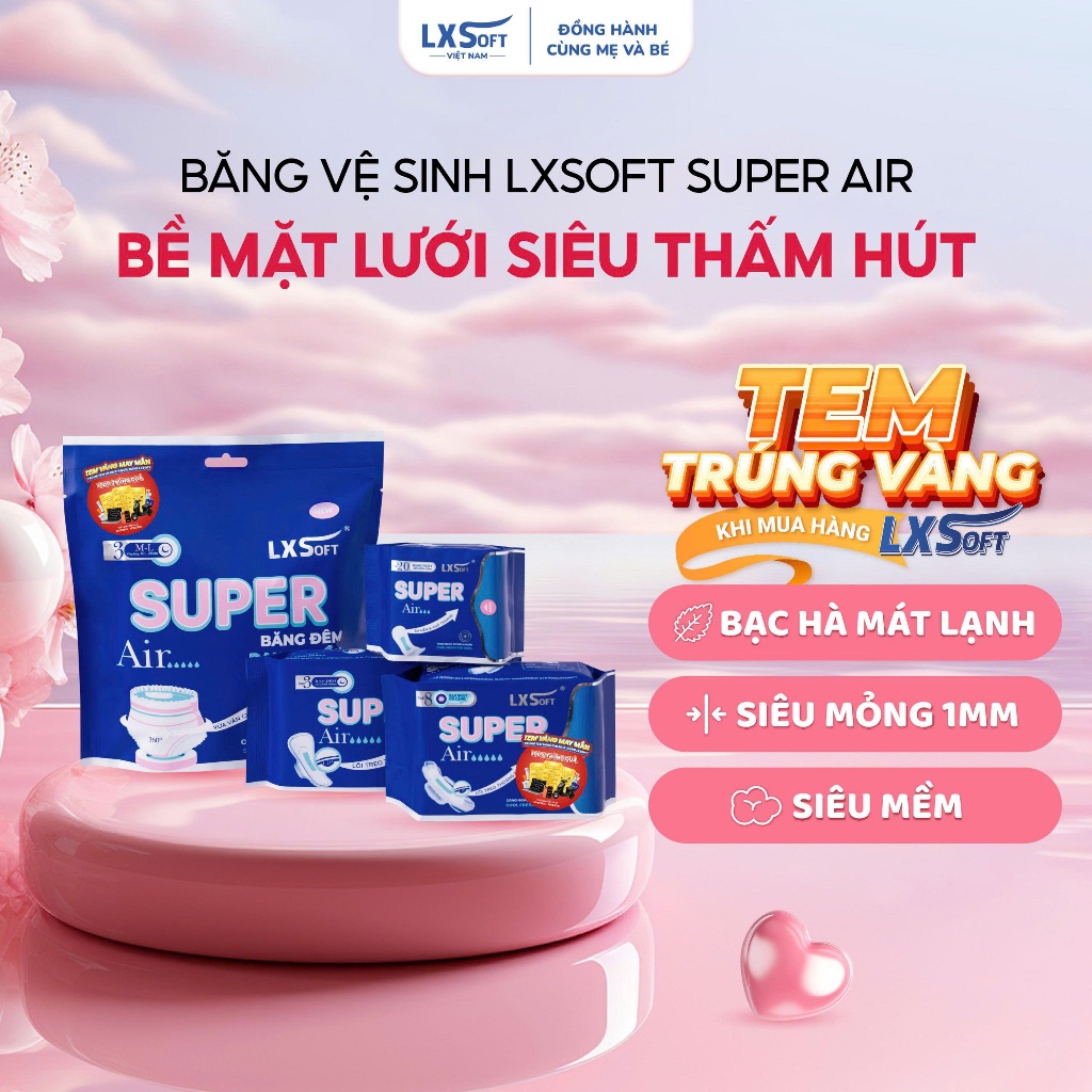 [ Có tem trúng thưởng] Băng vệ sinh Lxsoft Super Air Siêu mỏng 1mm, bạc hà dịu nhẹ, phù hợp với làn 