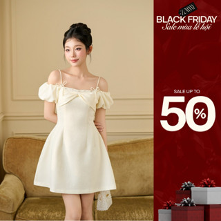  ZAMYSHOP - Váy thiết kế trễ vai dúm nơ váy nữ cách điệu đi chơi 