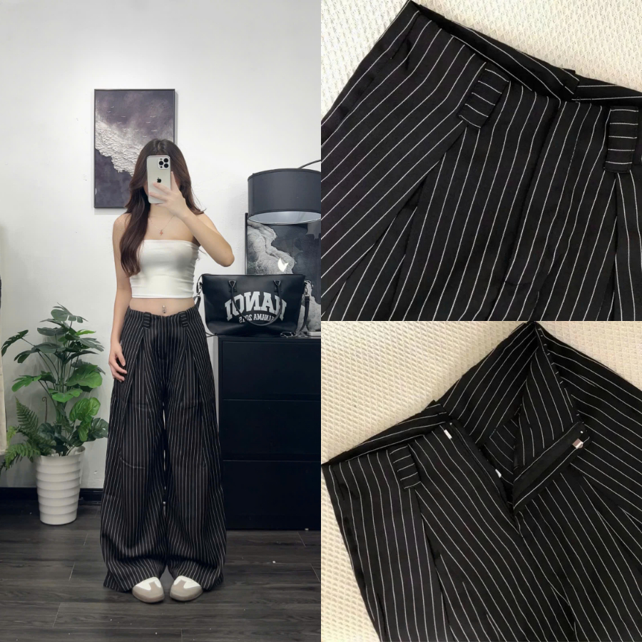 Quần Kẻ Sọc Cạp Trễ, Quần Kẻ Sọc Ống Rộng Basic Phong Cách Hàn Quốc | BigBuy360 - bigbuy360.vn
