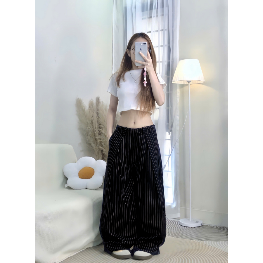 Quần Kẻ Sọc Cạp Trễ, Quần Kẻ Sọc Ống Rộng Basic Phong Cách Hàn Quốc | BigBuy360 - bigbuy360.vn