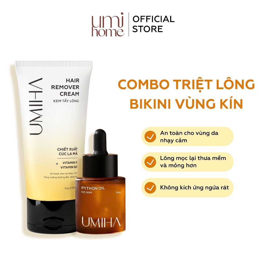  Combo triệt lông Bikini Vùng Kín vĩnh viễn UMIHA gồm Mỡ Trăn Umiha 15ml và Kem Tẩy Lông Umiha 65g an toàn 