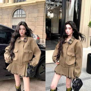  - Set Dạ Text Cổ Phối Sọc Kèm Chân Váy Ngắn Bánh bèo Màu Nâu ANNASTORE Hàng Cao Cấp Đẹp Quyến Rũ 