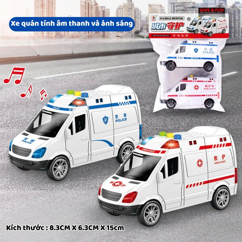 Túi 2 xe cứu thuong chạy pin tự động, có đèn và nhạc cho bé