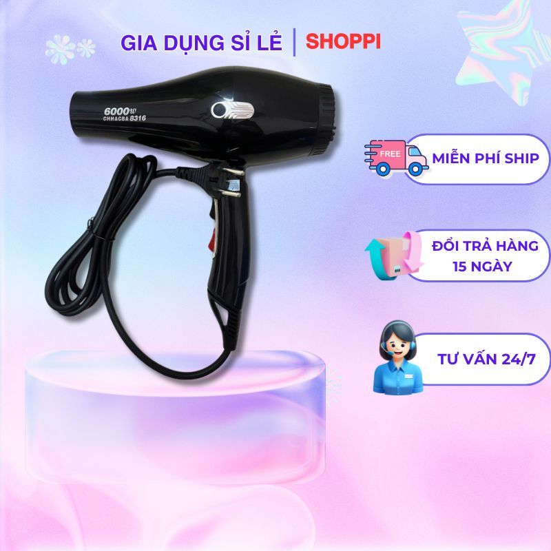 Máy Sấy Tóc 6000W Chuyên Salon | Nóng Lạnh Ánh Sáng Xanh Dây Dài 2m Shoppi