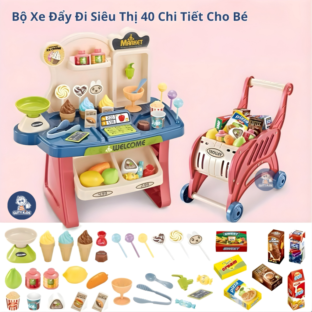 Đồ Chơi Nhập Vai Xe Đẩy Đi Siêu Thị GutyKids Đồ Chơi Bán Hàng Xe Đẩy Siêu Thị 40 Chi Tiết Cho Bé Vui