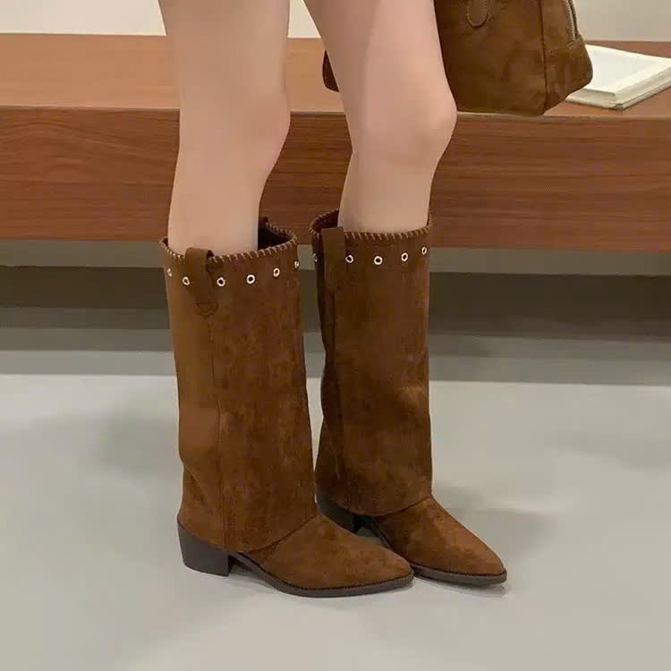 Giày Boot Cao Bồi Nữ Cổ Gập Da Lộn, Mũi Nhọn Gót Vuông Thấp Cowboy Western Dáng Rộng Phong Cách Vint