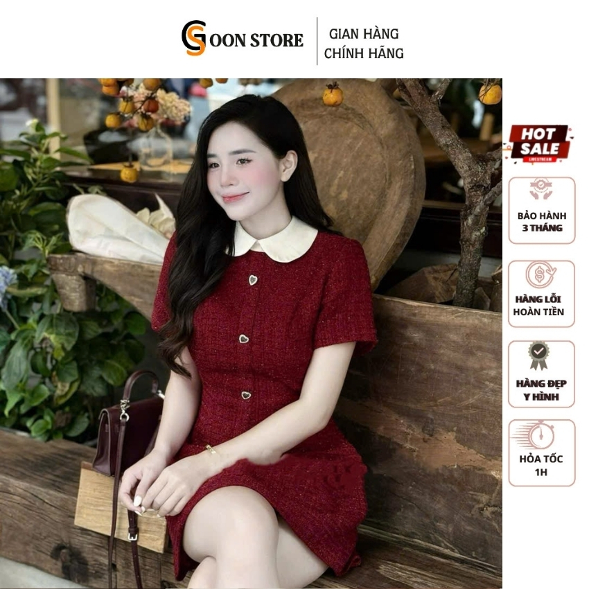 Đầm Váy dạ cổ sen trắng đỏ đen chiết eo dáng ngắn cúc tim công sở Goon Store