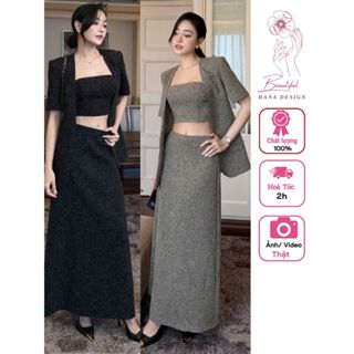    Sẵn - Hỏa Tốc   Set 3 Món Áo Cúp Ngực Chân Váy Dáng Dài Chuẩn CHOUCHOU Kèm Áo Khoác Dạ 