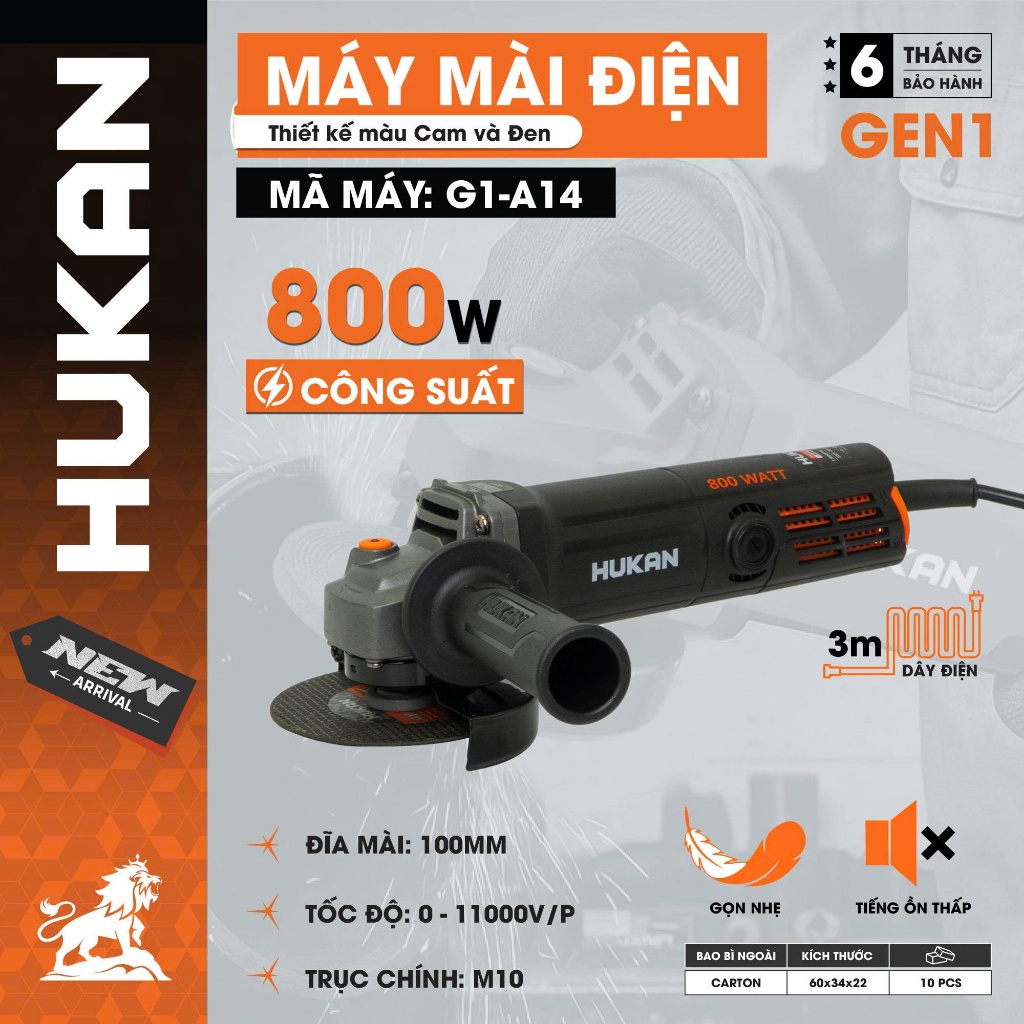 Máy Mài Điện HUKAN G1-A14 | Công Suất 800W–Công Tắc Đuôi–Lưỡi 100mm | Tặng 2 Chổi Than | Máy Cắt Mài