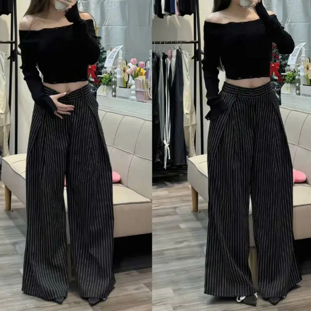 Quần Kẻ Sọc Xếp Ly, Quần Kẻ Sọc Ống Rộng Cạp Trễ Cho Nữ Phong Cách Hàn Quốc | BigBuy360 - bigbuy360.vn