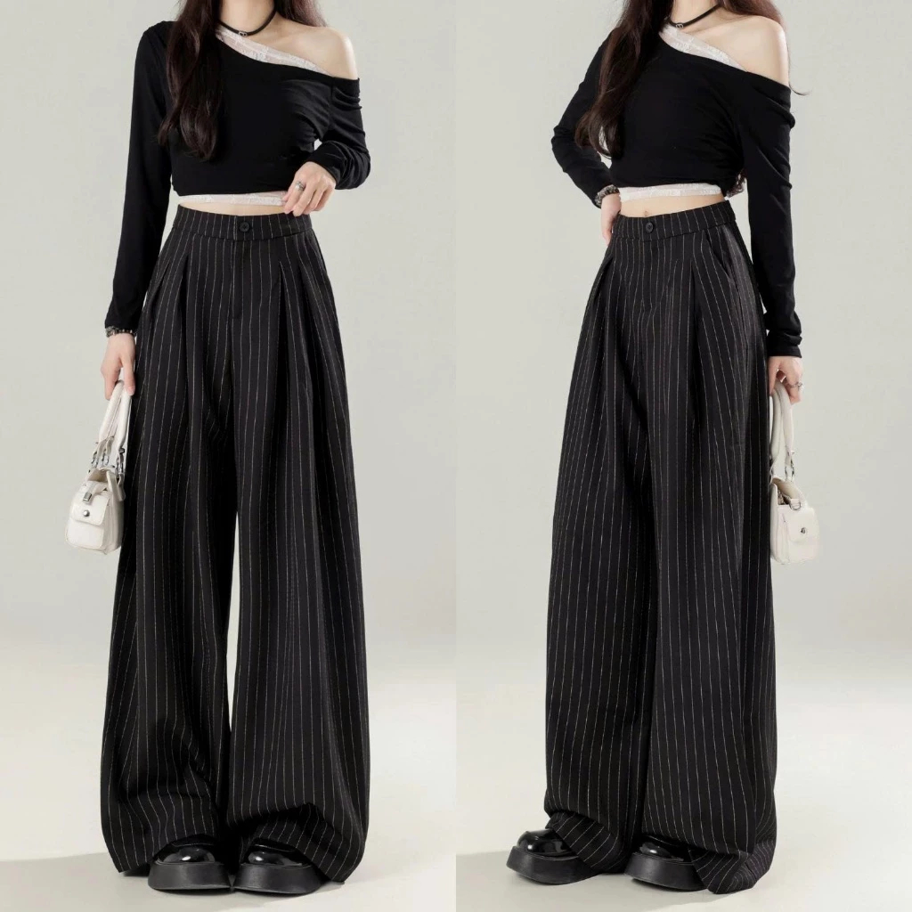 Quần Kẻ Sọc Xếp Ly, Quần Kẻ Sọc Ống Rộng Cạp Trễ Cho Nữ Phong Cách Hàn Quốc | BigBuy360 - bigbuy360.vn