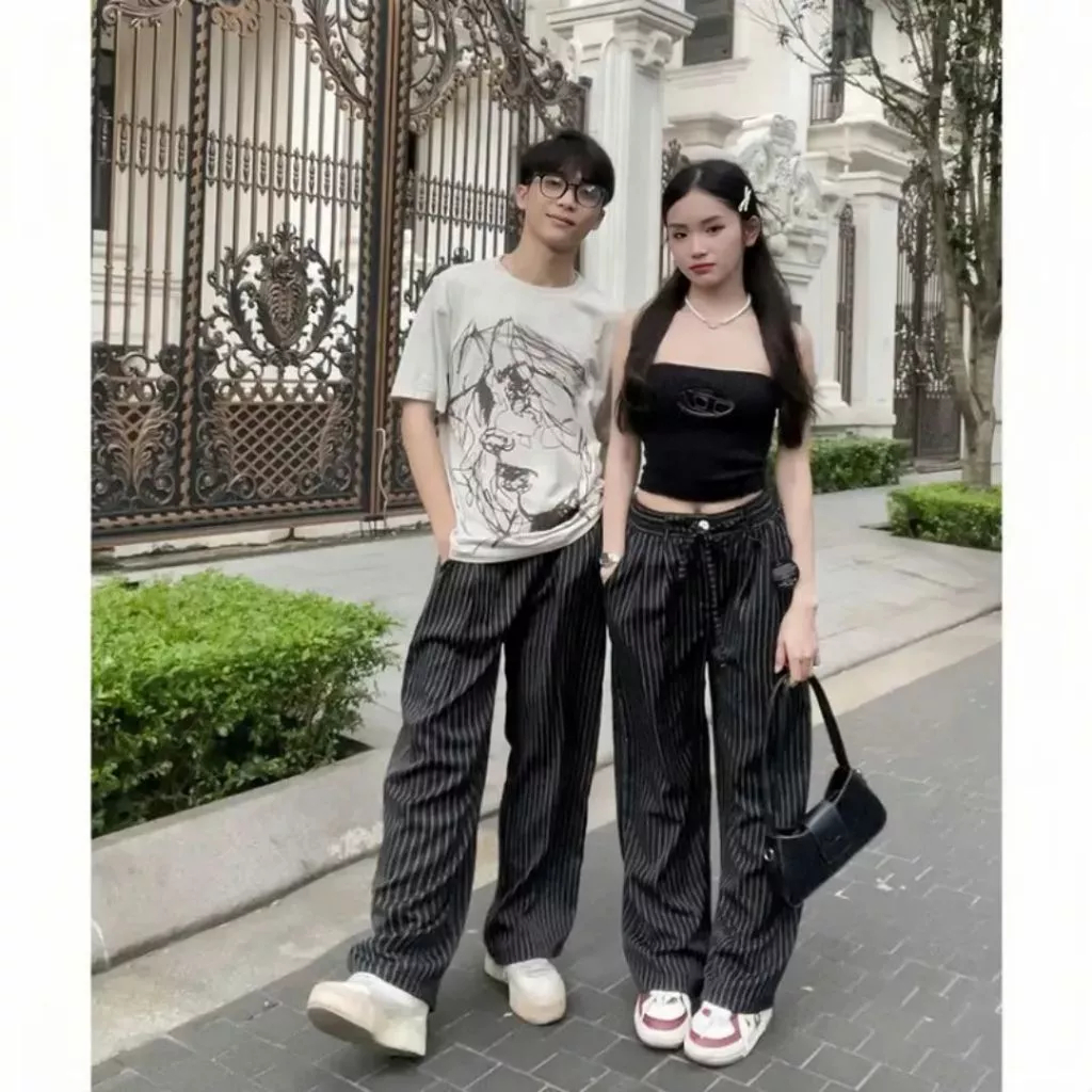 Quần Kẻ Sọc Xếp Ly, Quần Kẻ Sọc Ống Rộng Cạp Trễ Cho Nữ Phong Cách Hàn Quốc | BigBuy360 - bigbuy360.vn