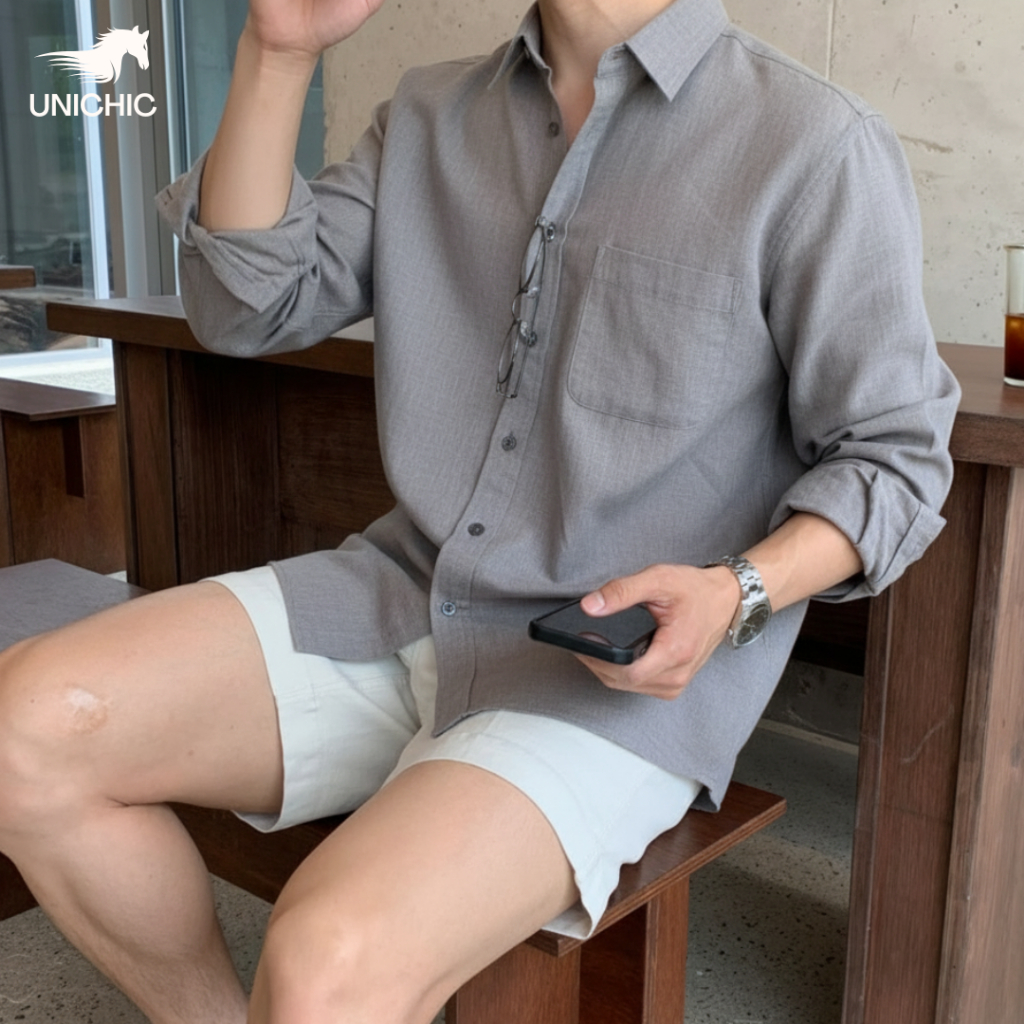 Áo Sơ Mi Nam Xám Khói Dài Tay Vải Linen & Oxford Cao Cấp Thấm Hút Tốt, Chống Nhăn,Tôn Dáng Unichic A