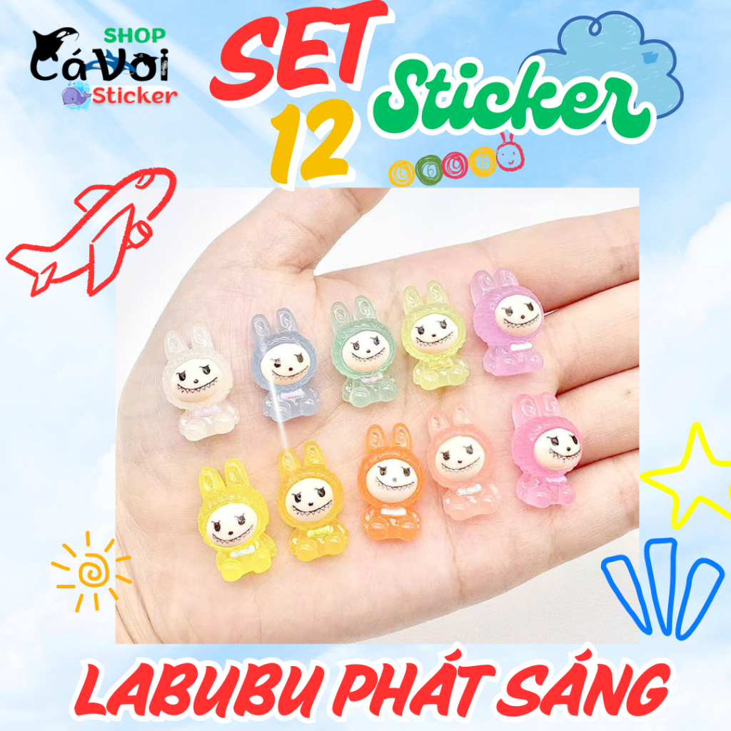 Set 12 Sticker/ Charm gắn dép LABUBU dạ quang phát sáng