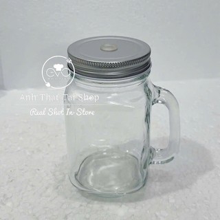 Ly Mason Jar Có Quai 450ml Có Nắp & Nắp Có Lỗ – Ly Đựng Trà Sữa, Cà Phê, Sinh Tố