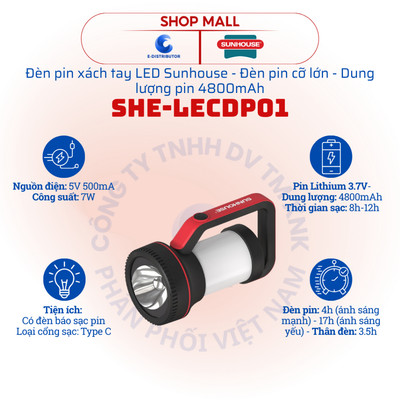 [HỎA TỐC] Đèn pin xách tay Sunhouse SHE-LECDP01 - Dung lượng pin 4800mAh - Hàng chính hãng