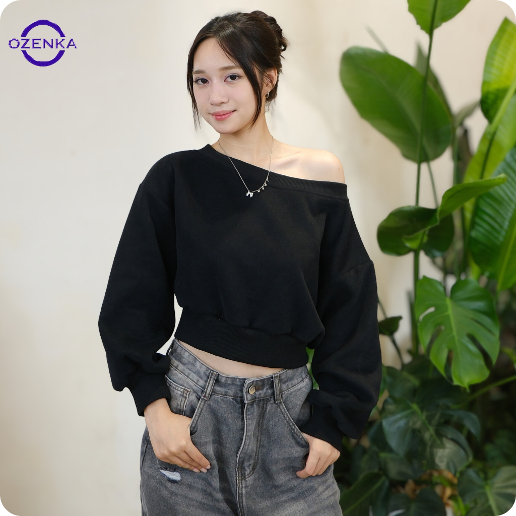 Áo nỉ croptop tay dài trễ vai tay phồng nữ ozenka , áo hoodie sweater thu đông form rộng phong cách 