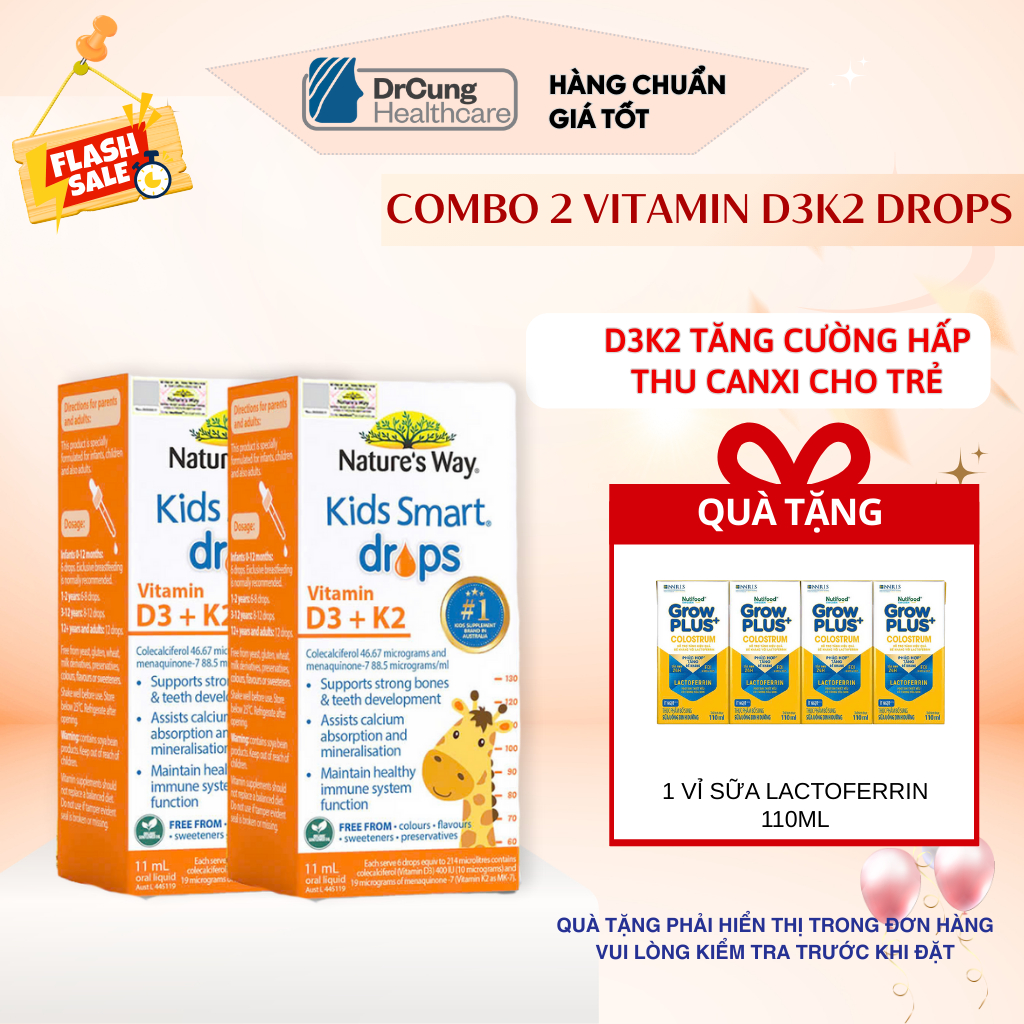 COMBO 2 LỌ Vitamin D3K2 ORGANIC Nature’s Way, Vitamin D3K2 Thế Hệ Mới Cho Bé 11ml