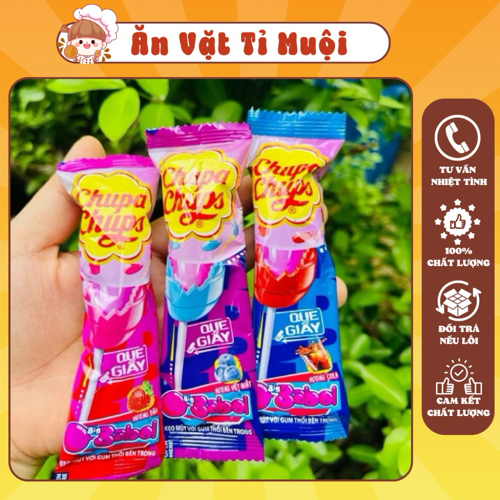 Kẹo Mút Chupa Chups Nhân Gum Thổi Big Babol Bên Trong Hương Cola, Việt Quất, Dâu, Ăn Vặt Tuổi Thơ