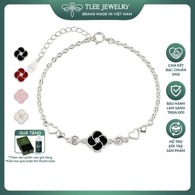 Lắc tay bạc nữ TLEE dây hoa cỏ bốn lá đa sắc mix trái tim xinh xắn, may mắn TLEE JEWELRY LT0487
