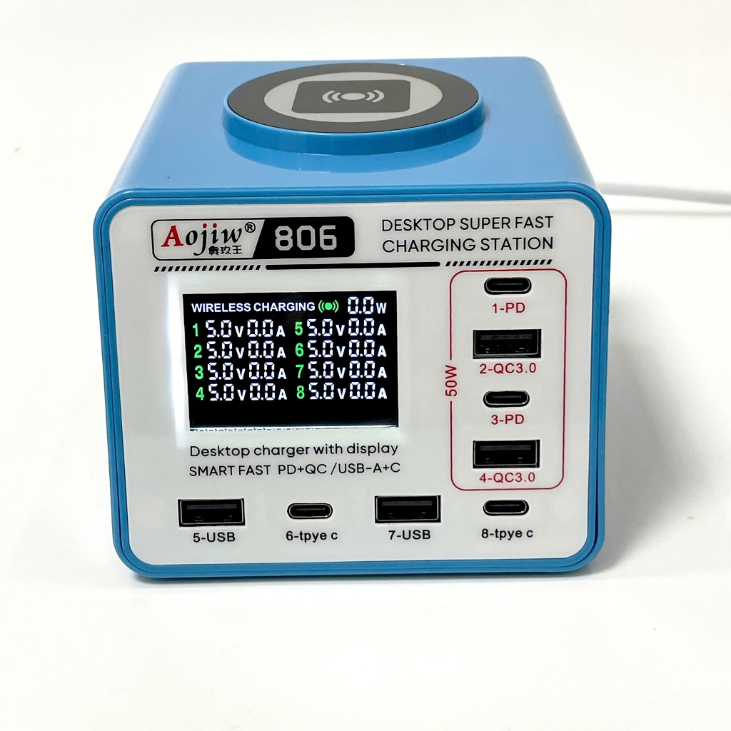 Bộ Sạc Nhanh 8 Cổng Aojiw Tích Hợp Sạc Không Dây