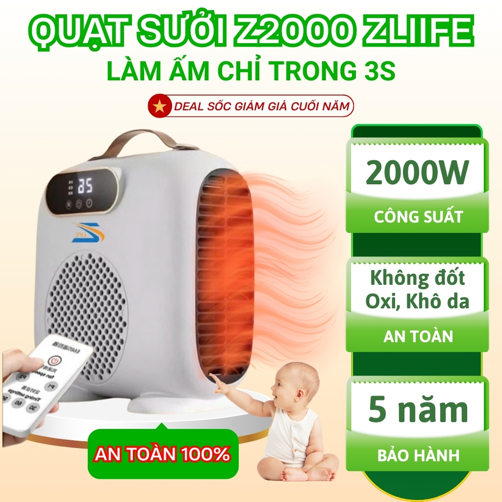 Quạt Sưởi Ấm Cho Gia Đình Và Cho Bé 2000W Cực Ấm Áp, Máy Sưởi Mini An Toàn Tự Động Ngắt Không Khô Da
