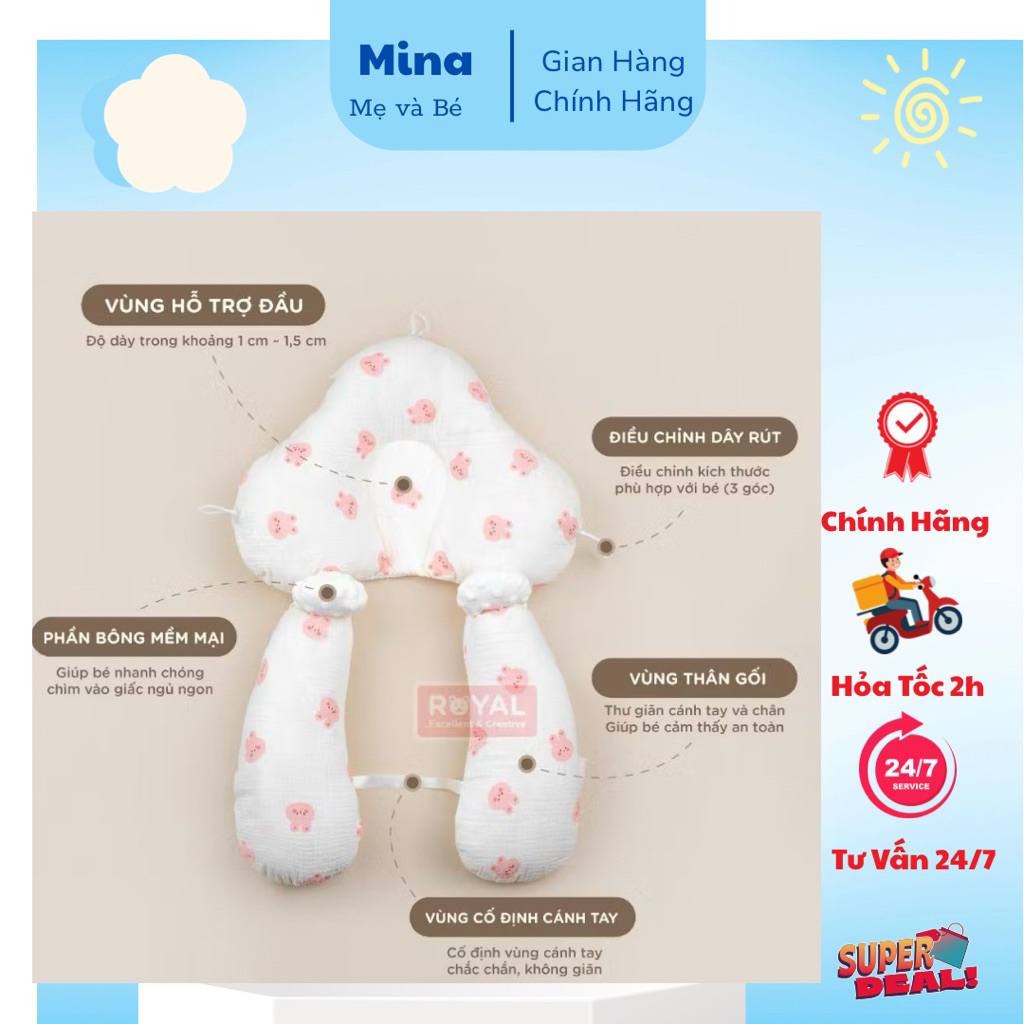 Gối Chữ U Cho Bé Sơ Sinh Hahuma - Chống Giật Mình, Chống Bẹp Đầu Có Dây Rút Điều Chỉnh -Minababy