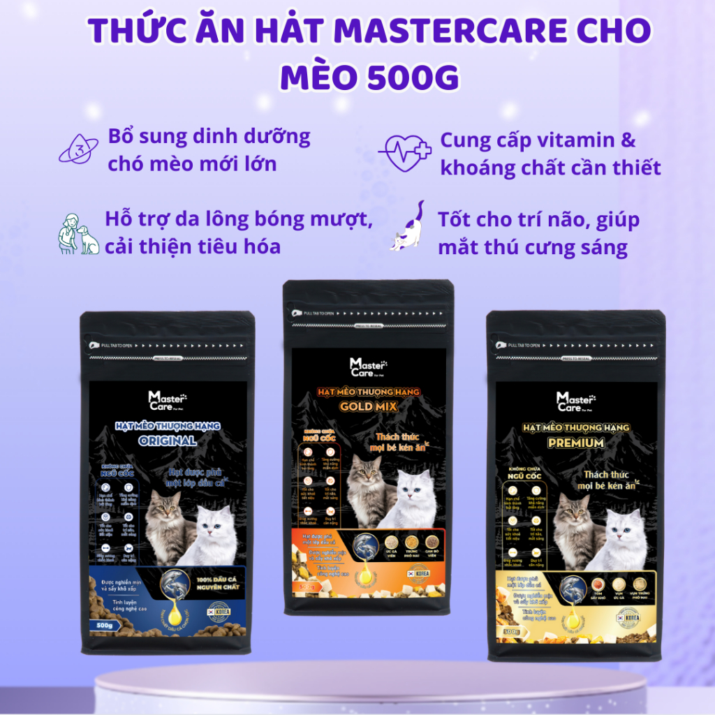 Hạt Cho Mèo 500g Mix Thịt Sấy Khô Dinh Dưỡng – Thức Ăn Hạt Thơm Ngon, Giàu Đạm, Mèo Mê Ăn MasterCare