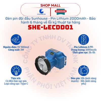 [HỎA TỐC] Đèn pin đội đầu Sunhouse SHE-LECDD01 - Pin Lithium 2000mAh - Hàng chính hãng