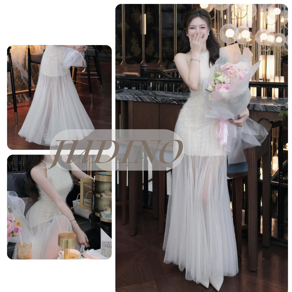 Đầm Cổ Yếm Ren Hoa Xòe Phối Lưới Runam Dress – Dáng Bồng Nhẹ Sang Trọng, Tinh Tế Không Cườm Cổ | JUD