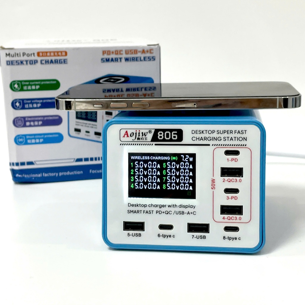 Bộ sạc nhanh 8 cổng Aojiw báo dòng tích hợp sạc không dây