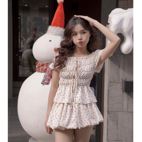 Áo Smocking SAIGONESE Hoạ Tiết Chấm Bi Nhún Bo Thun Cotton Trễ Vai Đan Dây Mặc 2 Kiểu Cho Nữ - A10SP | BigBuy360 - bigbuy360.vn