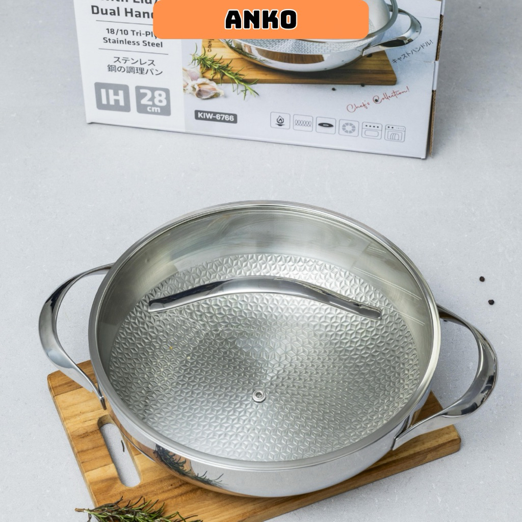 Nồi lẩu - chảo đúc inox 304 3 lớp đáy liền dập nổi embrossed Silver Crown Kaiyo sâu lòng kèm vung kí