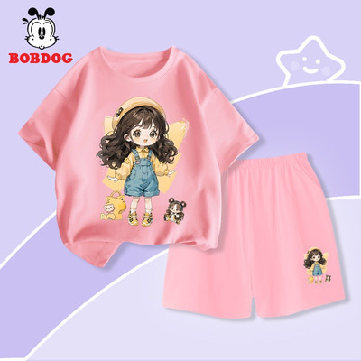 Quần áo bé gái BOBDOG, set hè cho bé gái chất cotton co giãn in hình bé gái cute CD- KS10