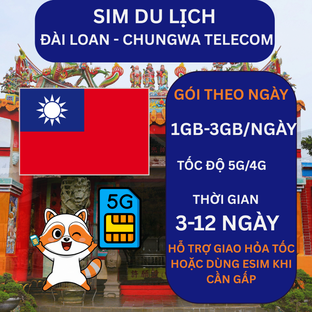 SIM Đài Loan du lịch 5G/4G Chunghwa Telecom, gói 1GB-3GB/ngày, 3-12 ngày