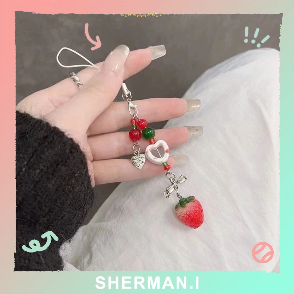 Dây chuyền điện thoại di động đính cườm rỗng tình yêu theo phong cách Ins dâu tây đỏ-SN