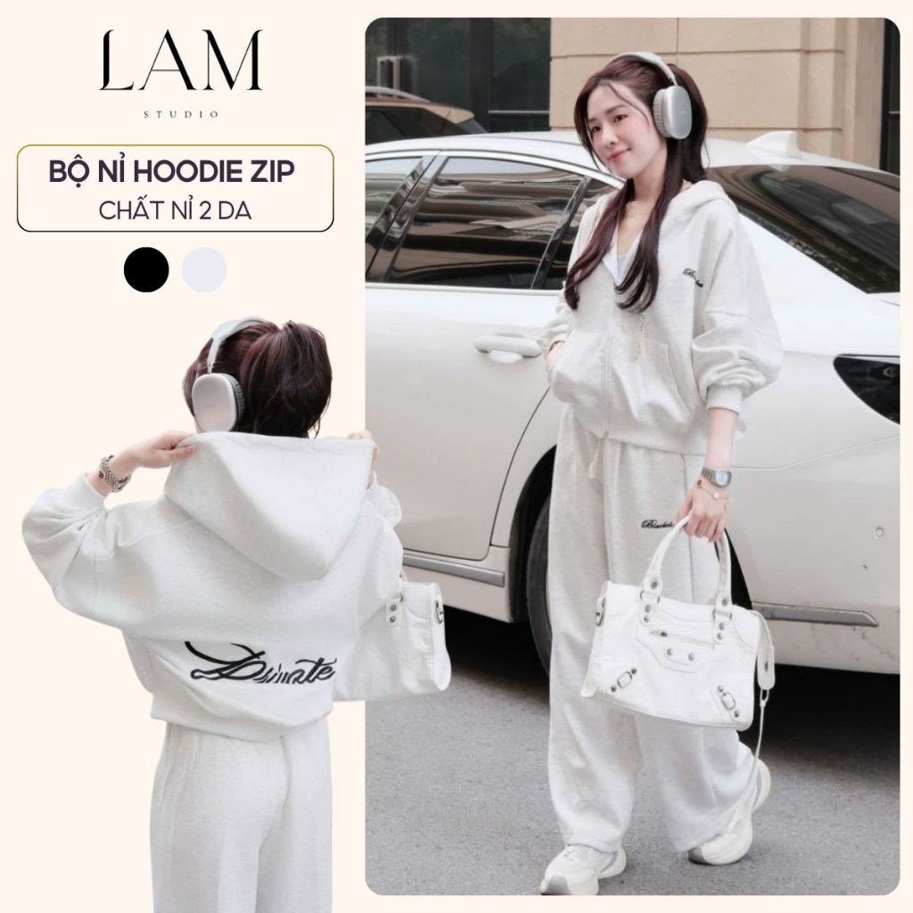  Bộ Nỉ Hoodie Zip Unisex   Không Xù Lông  Áo Khoác + Quần Jogger Nỉ 2 Da Basic Nam Nữ Form Rộng 