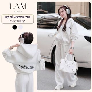  Bộ Nỉ Hoodie Zip Unisex   Không Xù Lông  Áo Khoác + Quần Jogger Nỉ 2 Da Basic Nam Nữ Form Rộng 