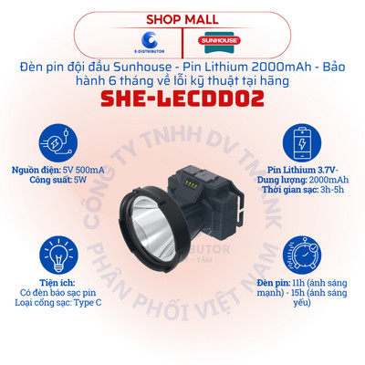 [HỎA TỐC] Đèn pin đội đầu Sunhouse SHE-LECDD02 - Pin Lithium 2000mAh - Hàng chính hãng